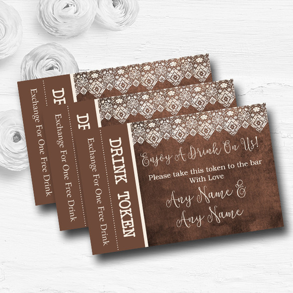 Vintage Brown Old Paper & Vintage Lace Effect Wedding Bar Free Drink Tokens