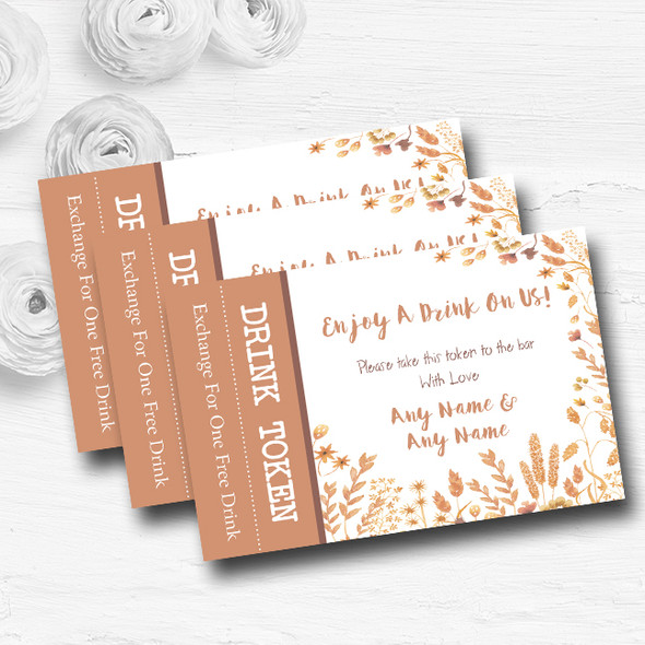 Golden Autumn Leaves Watercolour Personalised Wedding Bar Free Drink Tokens