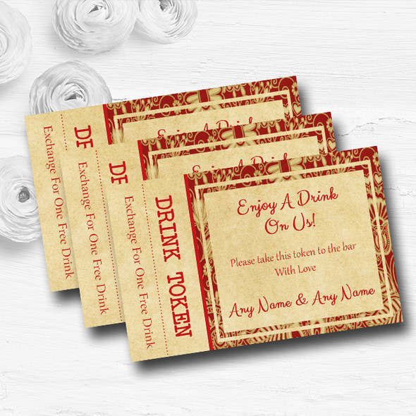 Vintage Royal Red Postcard Style Personalised Wedding Bar Free Drink Tokens