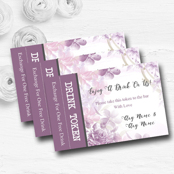 Pale Purple Watercolour Floral Personalised Wedding Bar Free Drink Tokens