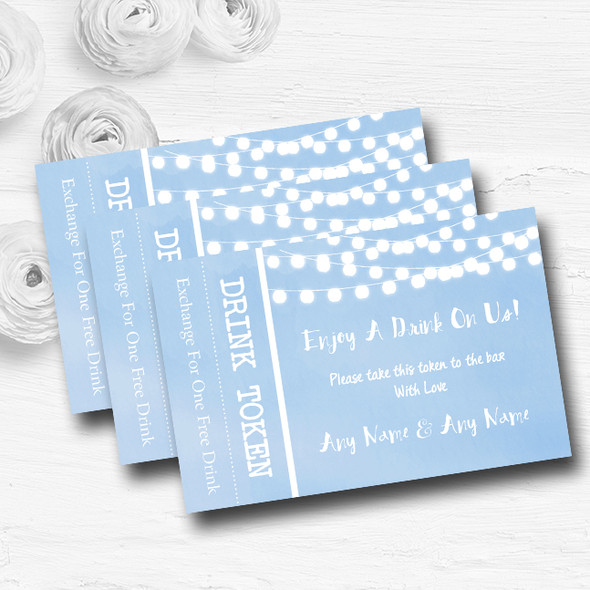 Powder Blue Lights Watercolour Personalised Wedding Bar Free Drink Tokens