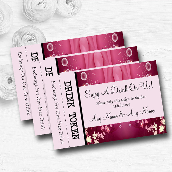 Purple Pink Heart And Flowers Personalised Wedding Bar Free Drink Tokens