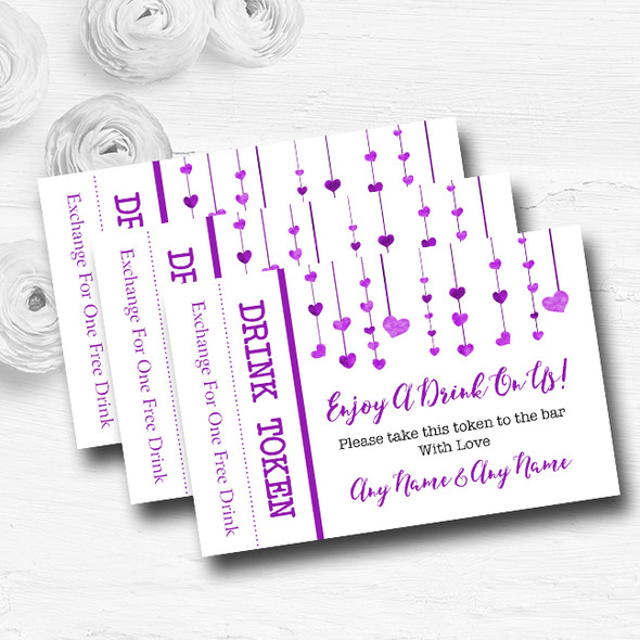 Purple Watercolour Heart Drop Personalised Wedding Bar Free Drink Tokens