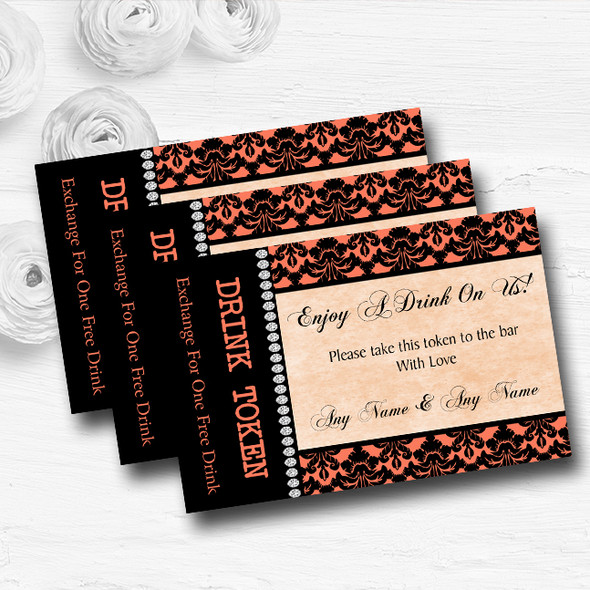 Coral Black Damask & Diamond Personalised Wedding Bar Free Drink Tokens