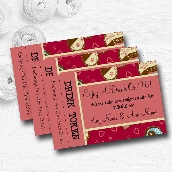 Modern Red Fun Love Hearts Personalised Wedding Bar Free Drink Tokens