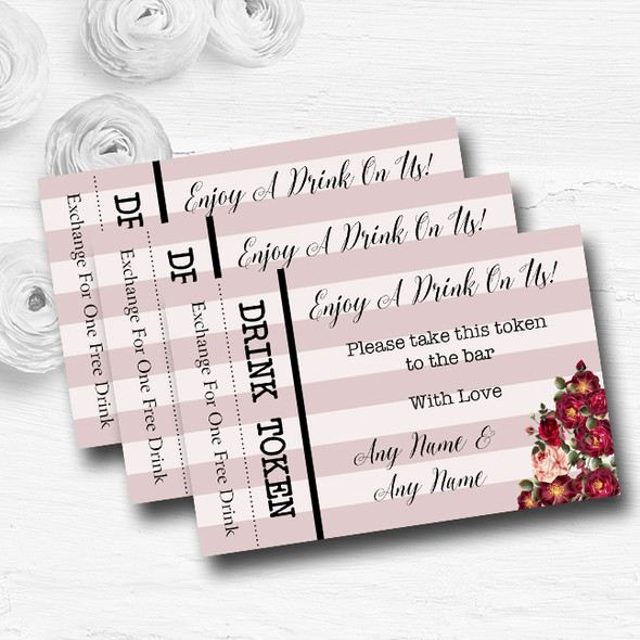 Red Rose & Stripes Vintage Personalised Wedding Bar Free Drink Tokens