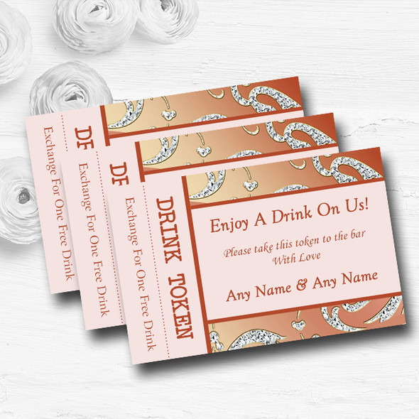 Coral Peach Cream Diamond Personalised Wedding Bar Free Drink Tokens