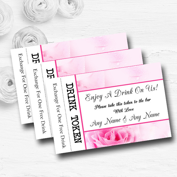 Pastel Pale Wet Pink Rose Personalised Wedding Bar Free Drink Tokens