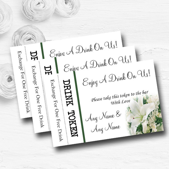 Classy White Lily Pretty Personalised Wedding Bar Free Drink Tokens