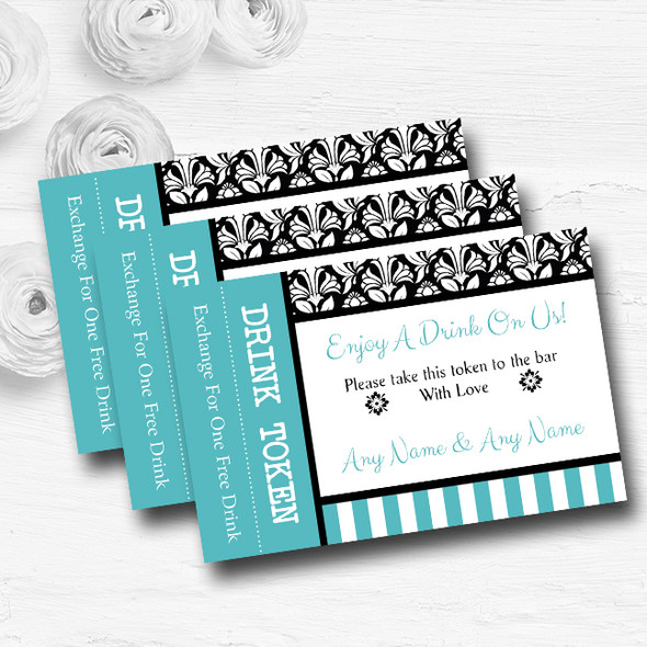 Damask And Aqua Stripes Personalised Wedding Bar Free Drink Tokens