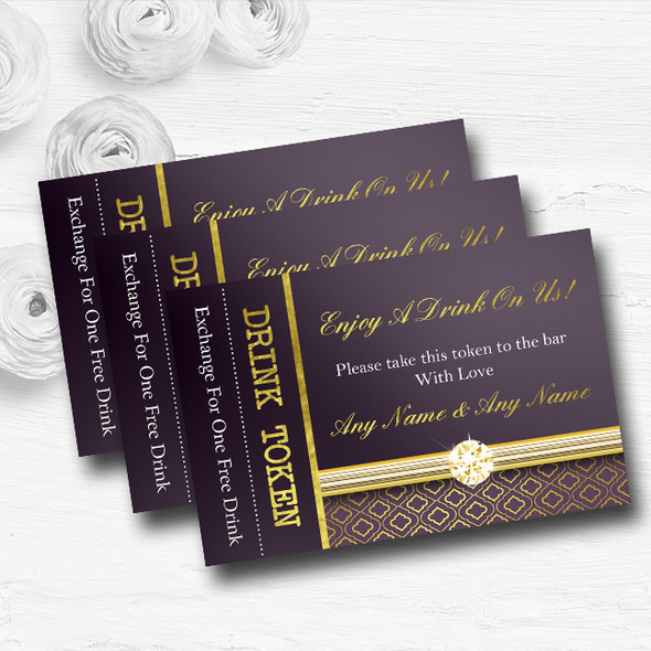 Purple Satin And Gold Personalised Wedding Bar Free Drink Tokens