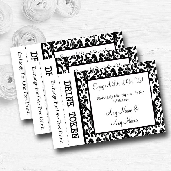 Black & White Damask Personalised Wedding Bar Free Drink Tokens