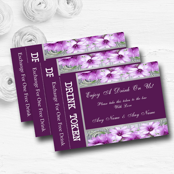 Purple Heart Flowers Personalised Wedding Bar Free Drink Tokens