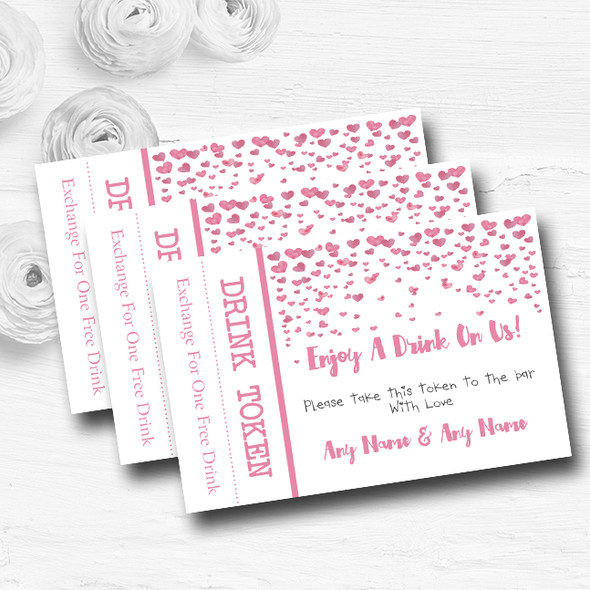 Pink Heart Confetti Personalised Wedding Bar Free Drink Tokens