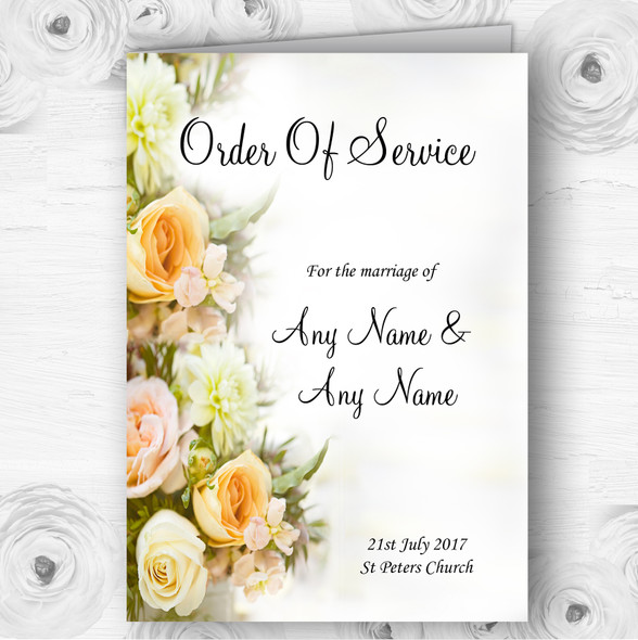 Peach Ivory Cream Rose Garden Personalised Wedding Double Cover Order Of Service