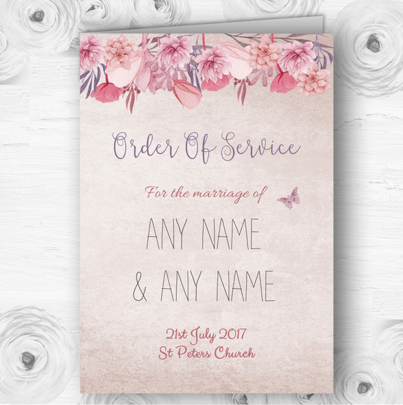 Blush Dusty Pink Lilac Vintage Watercolour Floral Wedding Cover Order Of Service