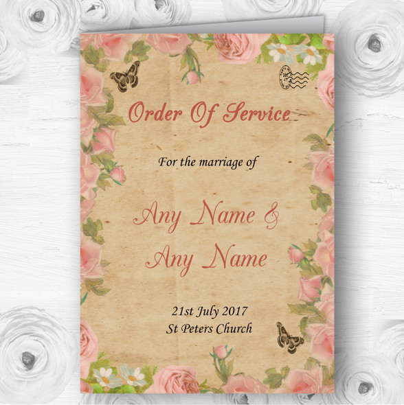 Pink Rose Vintage Shabby Chic Postcard Wedding Double Cover Order Of Service