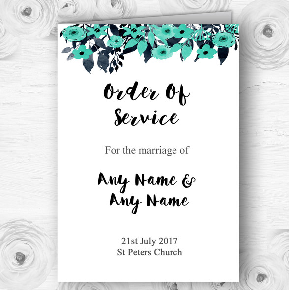 Watercolour Black & Aqua Green Floral Header Wedding Cover Order Of Service