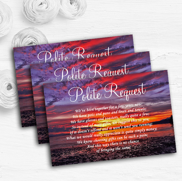 Beautiful Purple Sunset Beach Personalised Wedding Gift Request Money Poem Cards