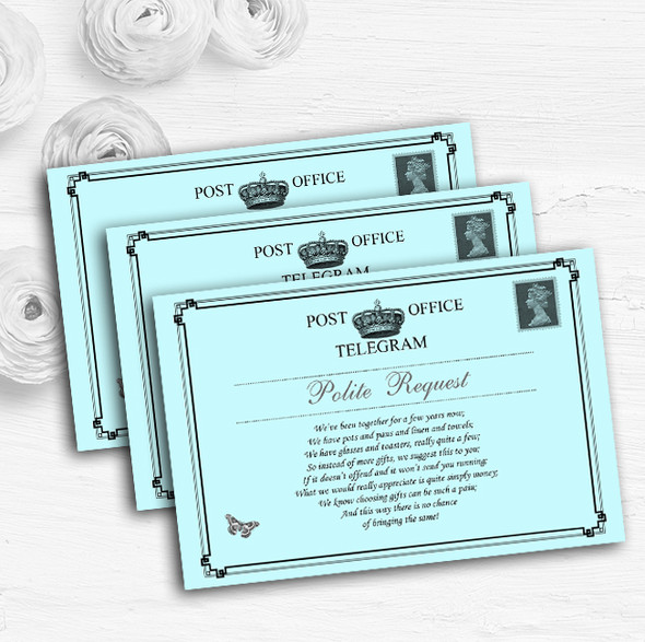 Vintage Telegram Elegant Aqua Personalised Wedding Gift Request Money Poem Cards