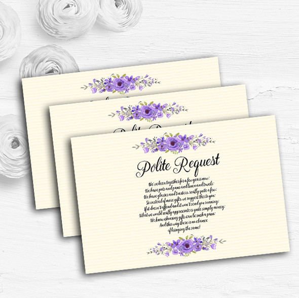 Watercolour Purple Floral Rustic Custom Wedding Gift Request Money Poem Cards