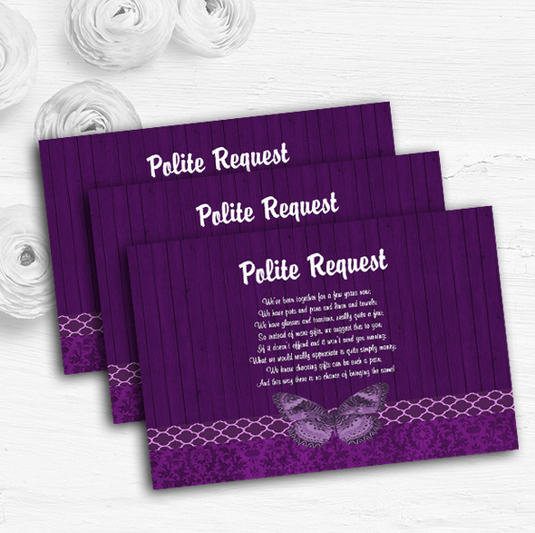 Rustic Vintage Wood Butterfly Purple Custom Wedding Gift Money Poem Cards
