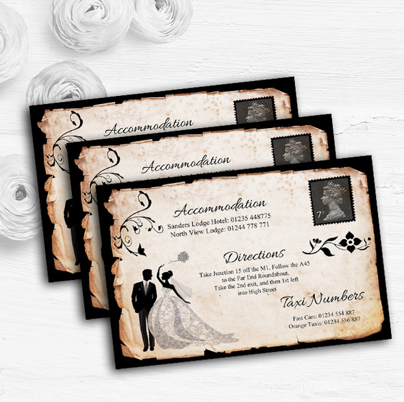 Black White Vintage Rustic Postcard Personalised Wedding Guest Information Cards