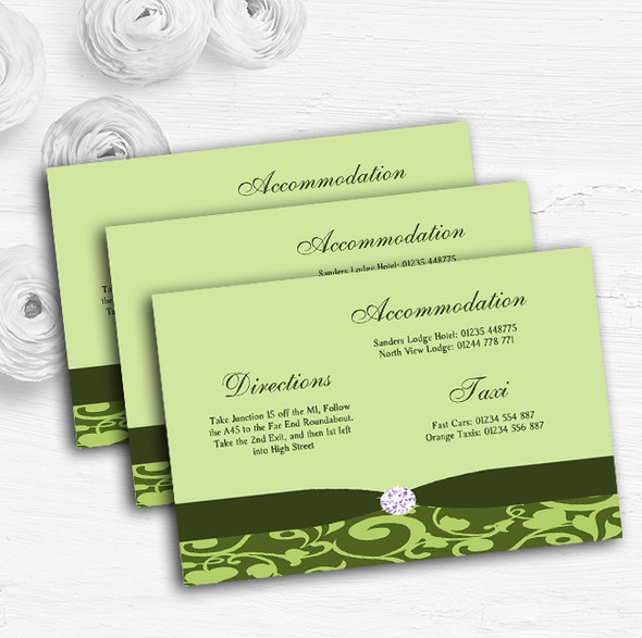 Olive Green Vintage Floral Damask Diamante Wedding Guest Information Cards