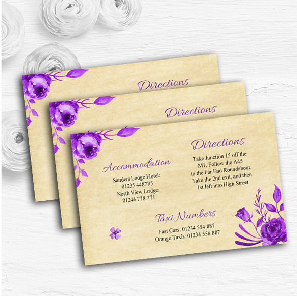 Vintage Cadbury Purple Watercolour Floral Wedding Guest Information Cards