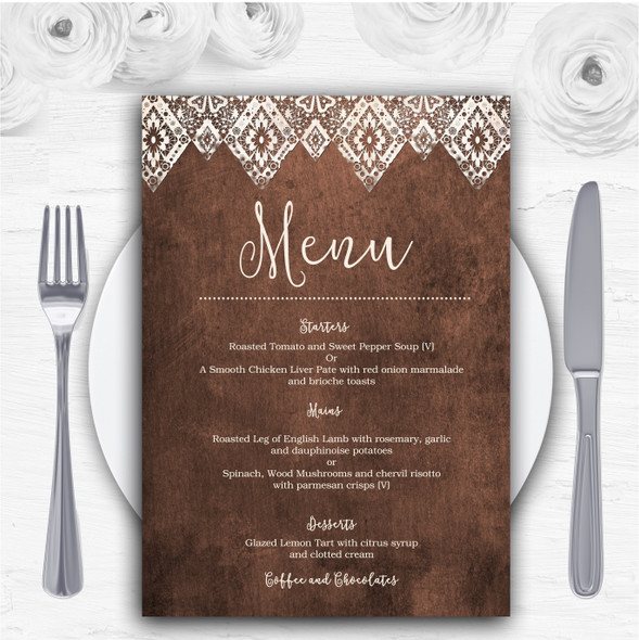 Vintage Brown Old Paper & Vintage Lace Effect Personalised Wedding Menu Cards