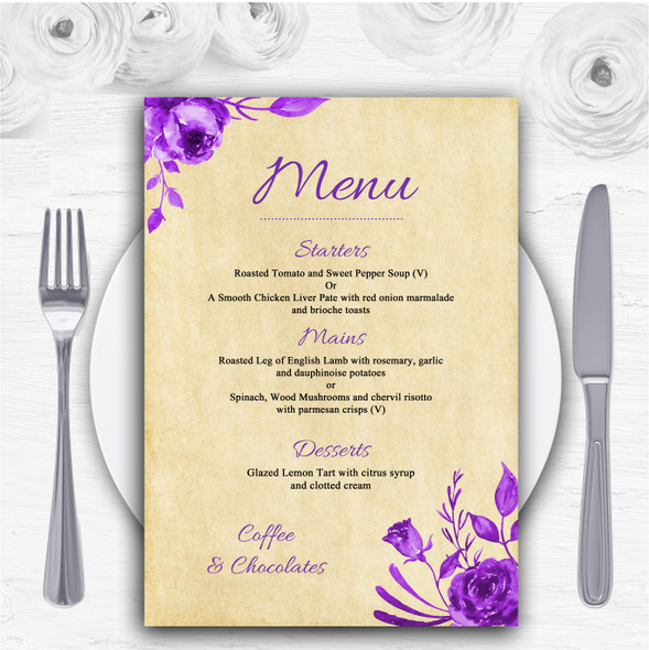 Vintage Cadbury Purple Watercolour Floral Personalised Wedding Menu Cards