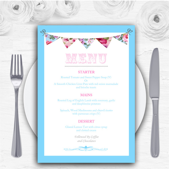 Blue Pink Bunting Shabby Chic Tea Garden Personalised Wedding Menu Cards