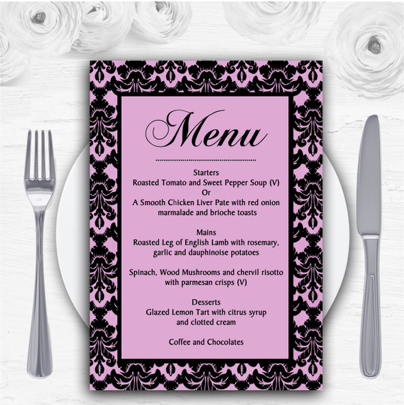 Dusky Rose Pink Black Damask & Diamond Personalised Wedding Menu Cards