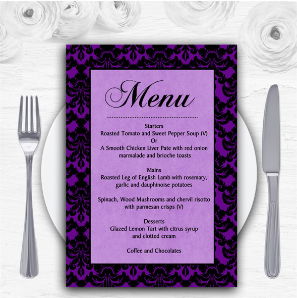 Cadbury Purple Black Damask & Diamond Personalised Wedding Menu Cards