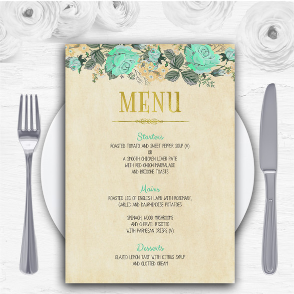 Vintage Mint Green & Gold Watercolour Personalised Wedding Menu Cards