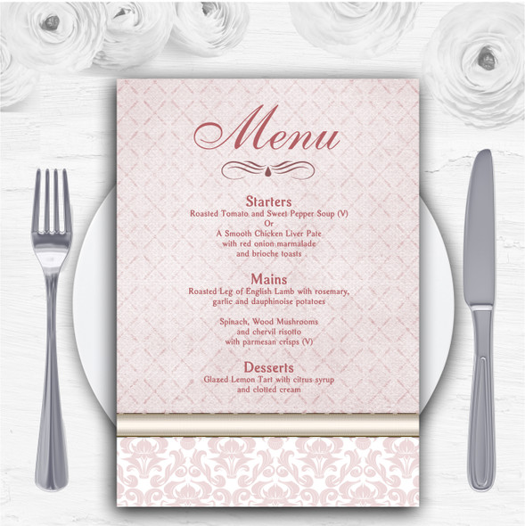 Dusky Rose Pink Damask Vintage Pearl Personalised Wedding Menu Cards