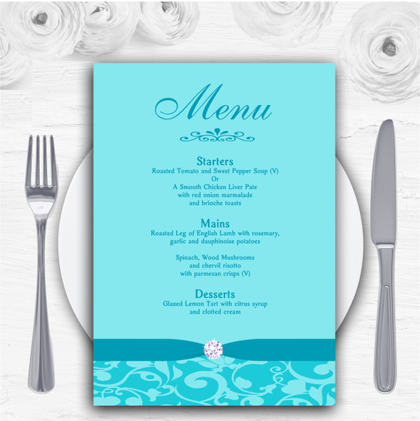 Blue Vintage Floral Damask Diamante Personalised Wedding Menu Cards