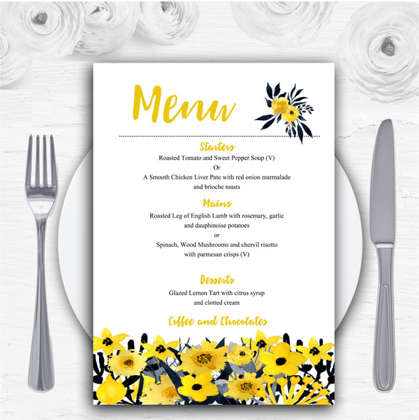 Black & Yellow Watercolour Flowers Personalised Wedding Menu Cards