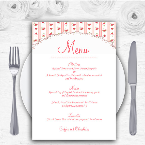 Pink Red Roses Shabby Chic Stripes Personalised Wedding Menu Cards