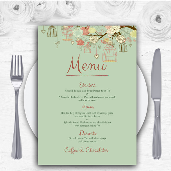 Vintage Shabby Chic Birdcage Green Personalised Wedding Menu Cards