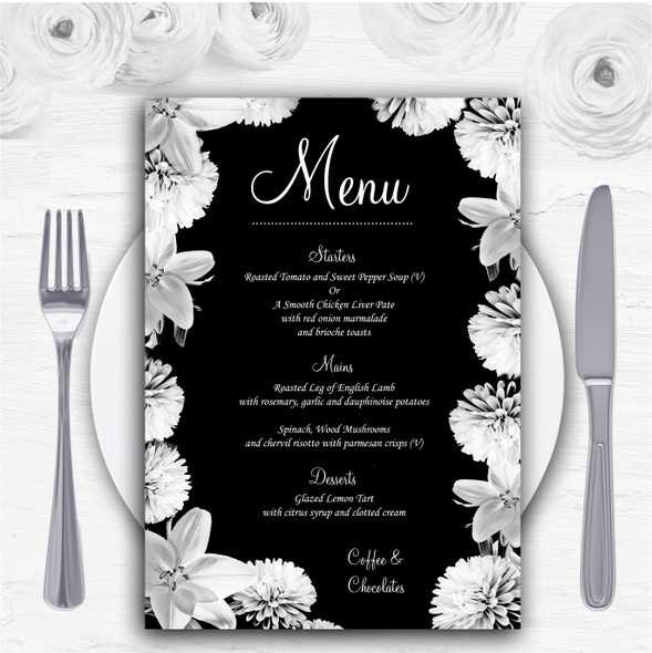 Stunning Lily Flower Black White Personalised Wedding Menu Cards