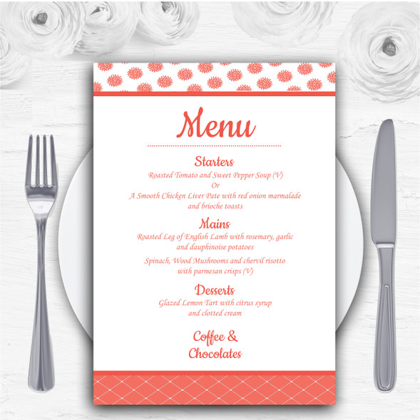 Coral And White Flowers Quilt Personalised Wedding Menu Cards
