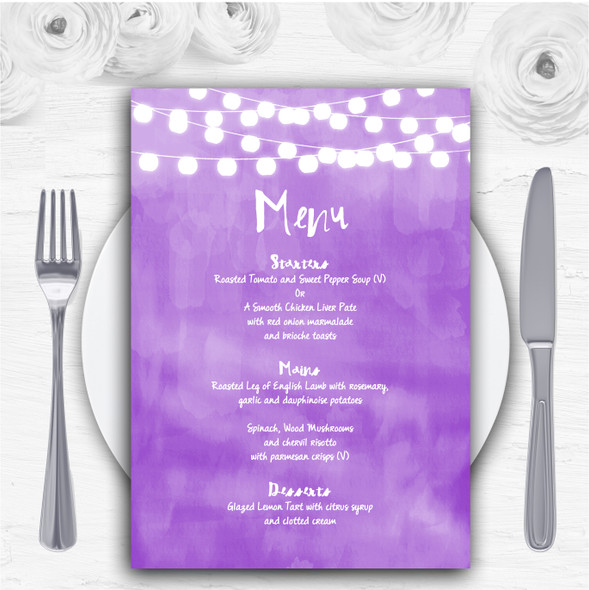 Purple and Lights Watercolour Personalised Wedding Menu Cards