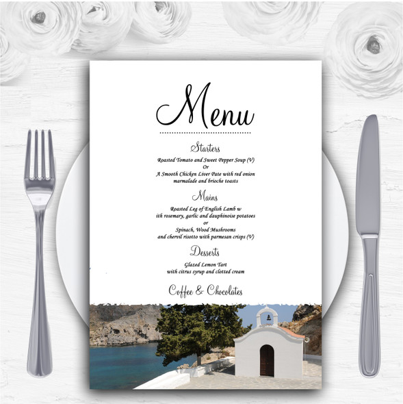 St Pauls Lindos Rhodes Abroad Personalised Wedding Menu Cards