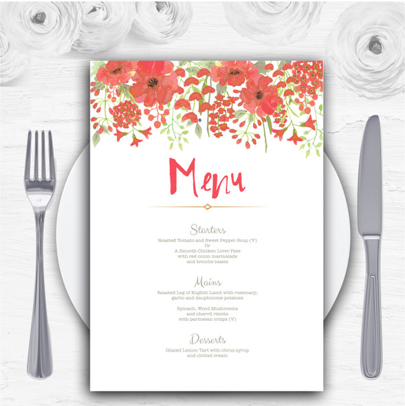 Watercolour Floral Coral Pink Personalised Wedding Menu Cards