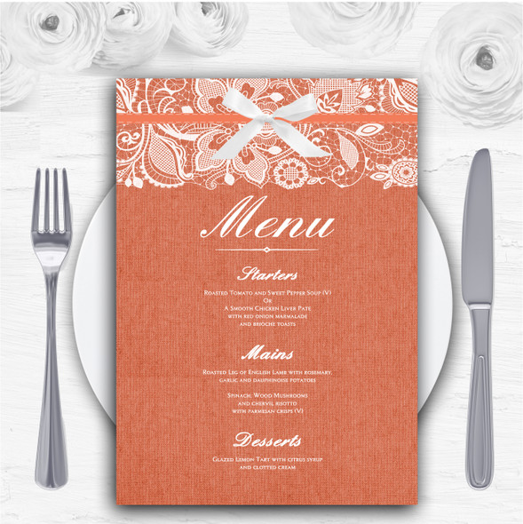 Vintage Coral Burlap & Lace Personalised Wedding Menu Cards