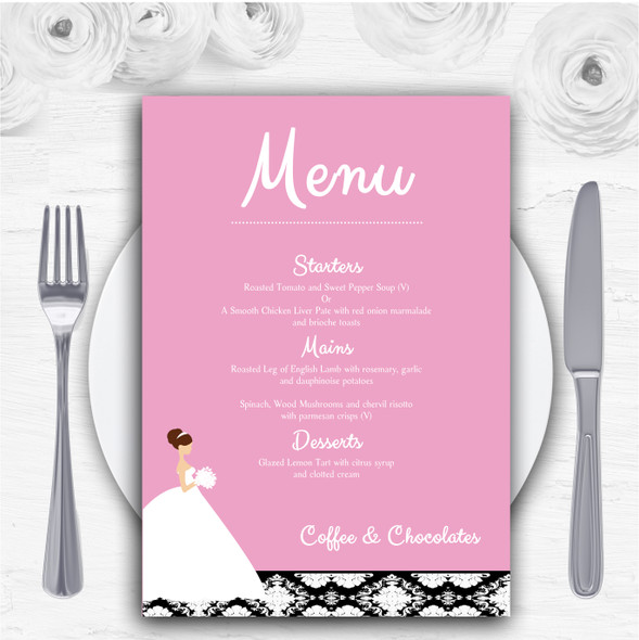 Pink Black Damask Bride Personalised Wedding Menu Cards