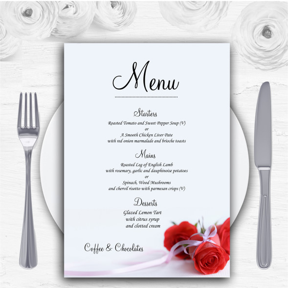 Red Rose & White Ribbon Personalised Wedding Menu Cards