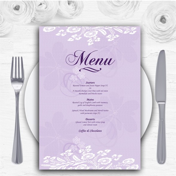 Vintage Lace Lilac Chic Personalised Wedding Menu Cards