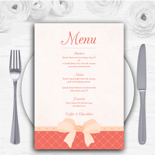 Quilted Look Coral Bow Personalised Wedding Menu Cards